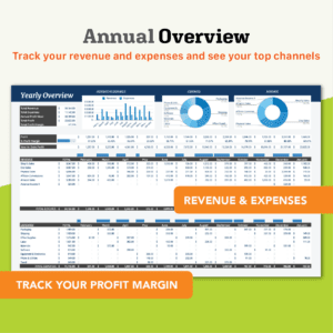 Business Bookkeeping Google Sheets Template - Annual Overview Sheet, track your revenue and expenses to see your top channels