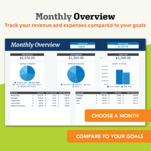 Business Bookkeeping Google Sheets Template - Monthly Overview sheet. Choose a month and compare to your goals